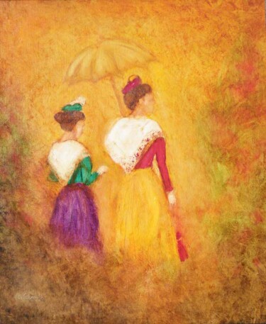 Painting titled "" Mère et fille "" by Jean Xavier Combe, Original Artwork, Oil Mounted on Wood Stretcher frame