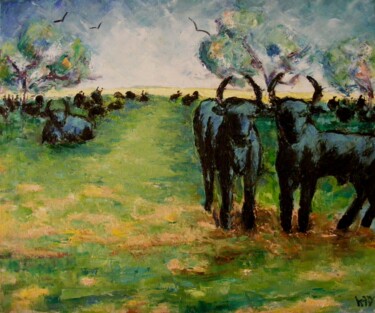 Peinture intitulée "Taureaux en Camargue" par Catherine Dufrene (Katy), Œuvre d'art originale, Huile