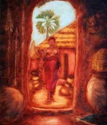 Ζωγραφική με τίτλο "" Femme du  Chef"" από Jean Xavier Combe, Αυθεντικά έργα τέχνης, Λάδι Τοποθετήθηκε στο Ξύλινο φορείο σκε…
