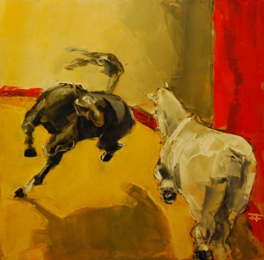 Painting titled "le-petit-noir-" by Thierry Faure, Original Artwork, Oil Mounted on Wood Stretcher frame