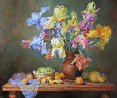 Painting titled "Still Life with iri…" by Piter Lisenko, Original Artwork, Oil