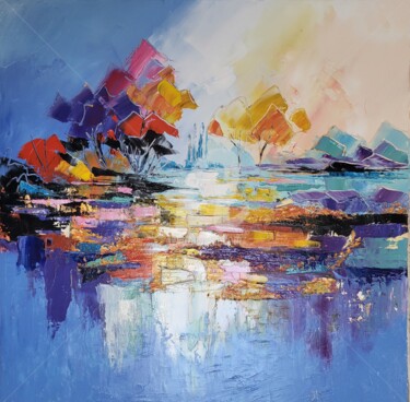 Painting titled "Reflets de paradis" by S!C, Original Artwork, Oil Mounted on Wood Stretcher frame