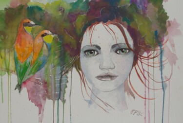 Ella et les oiseaux Peinture intitulée "Ella et les oiseaux" par Kpbc, Œuvre d'art originale, Aquarelle