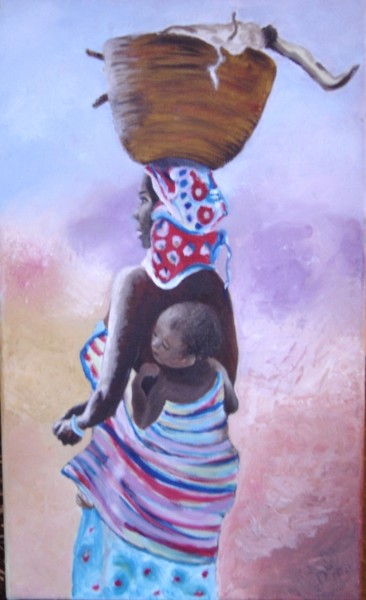 Peinture intitulée "la-porteuse-africai…" par Nadine Bichon, Œuvre d'art originale