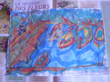 Le langage des fleurs , avec les bâteaux pointus du petit port " Peinture intitulée "Le langage des fleu…" par Valerie Guiot, Œuvre d'art originale, Gouache