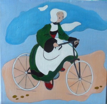 Peinture intitulée "Bécassine en vélo" par Nadine Bichon, Œuvre d'art originale, Huile