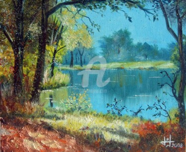 Le lac au bout du chemin Peinture intitulée "Le lac au bout du c…" par Marc Lallemand (Markkus), Œuvre d'art originale, Huile
