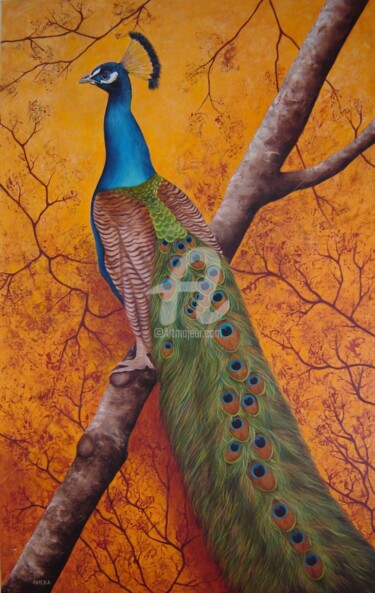Peinture intitulée ""Paon bleu"" par Shena Ajuelos, Œuvre d'art originale, Huile