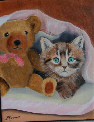 Lucky et son doudou - acrylique sur toile signée 제목이 "Lucky et son doudou…"인 미술작품 Patricia Giroldini Hyvernat로, 원작, 아크릴 나무 들것 프레임에 장착됨