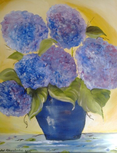 Painting titled "Vaso de gerânio" by Isabel Alfarrobinha, Original Artwork, Oil Mounted on Wood Panel