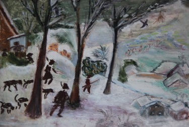 Peinture intitulée "chasseurs-dans-la-n…" par Jean-Jacques Gastaud, Œuvre d'art originale, Pastel