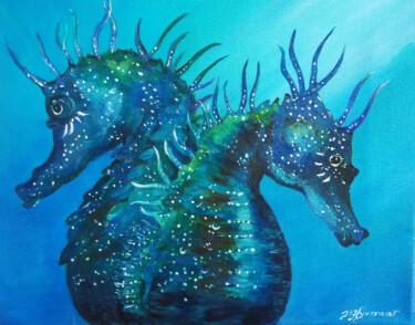 les deux hippocampes - acrylique sur toile originale Painting titled "les deux hippocampe…" by Patricia Giroldini Hyvernat, Original Artwork, Acrylic Mounted on Wood Stretcher f…