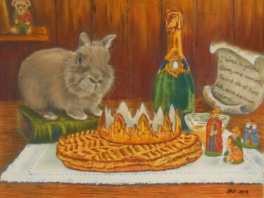 JANVIER - Canel le lapin fête la galette des rois - Pastel Pintura intitulada "JANVIER - Canel le…" por Valérie Jouffroy Ricotta, Obras de arte originais, Pastel