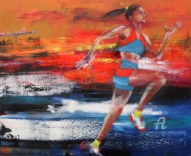 Peinture intitulée "Sprint final" par Marie Andrée Hembert, Œuvre d'art originale, Huile Monté sur Châssis en bois