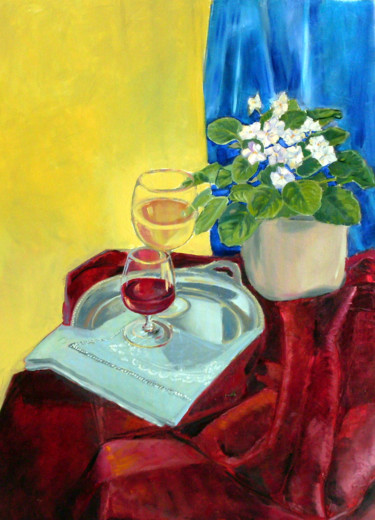 Still live with 2 glass of wine Painting titled "Still live with 2 g…" by Emilia Amaro, Original Artwork, Oil