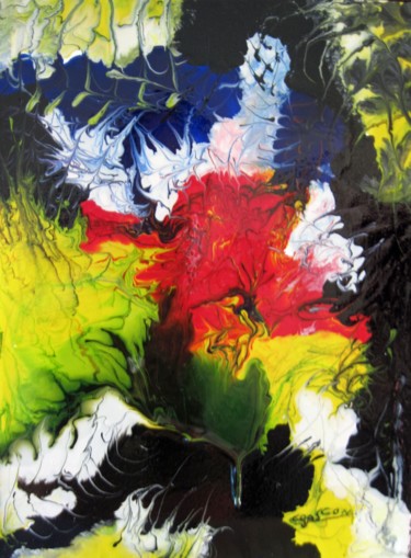 绘画 标题为“Improvisation 1” 由Claude Gascon, 原创艺术品, 彩绘玻璃 安装在木质担架架上