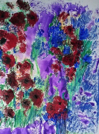 Painting titled "bleuet et coquelicot" by Francisco Mendes, Original Artwork, Oil