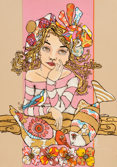 Peinture intitulée "fillette poisson et…" par Aurelie Chauvin, Œuvre d'art originale, Acrylique