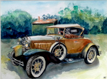 Картина под названием "vintage gold car" - Agnes Mclaughlin, Подлинное произведение искусства, Акварель