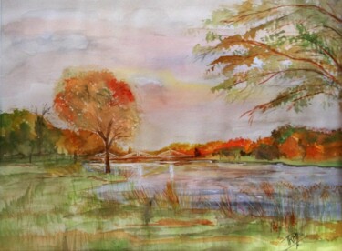 Fin de journée sur le pont - Rigny - Franche Comté 绘画 标题为“Fin de journée sur…” 由Graywolf Rm (Indian Héritage Arts), 原创艺术品, 水彩