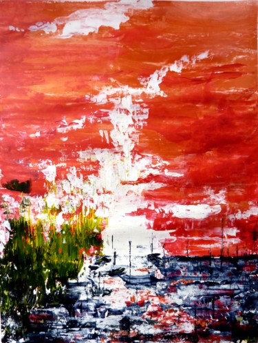 Ciel rouge sur le port - paysage marin Peinture intitulée "Ciel rouge sur le p…" par Clau Redier-Clément, Œuvre d'art originale, Acrylique