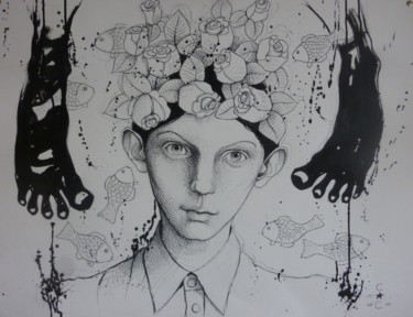 Peinture intitulée "tête" par Catherine Cornec, Œuvre d'art originale, Encre
