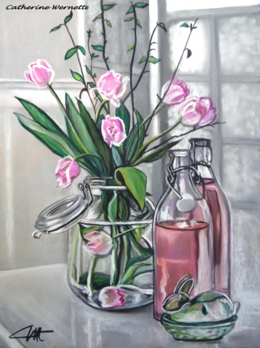 Drawing titled "BOUQUET PRINTANIER" by Catherine Wernette, Original Artwork, Pastel