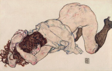 Fille agenouillée, s'appuyant sur les deux coudes 图画 标题为“Fille agenouillée,…” 由Egon Schiele, 原创艺术品, 铅笔