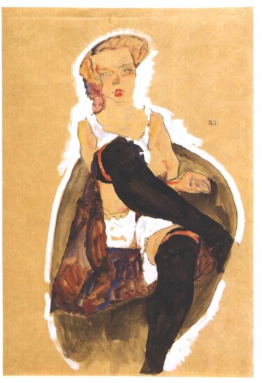 Fille aux jambes croisées Peinture intitulée "Fille aux jambes cr…" par Egon Schiele, Œuvre d'art originale, Aquarelle