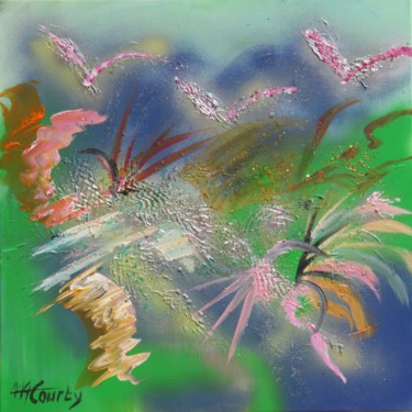Painting titled "Les oiseaux sauvages" by Myriam Courty, Original Artwork, Acrylic Mounted on Wood Stretcher frame