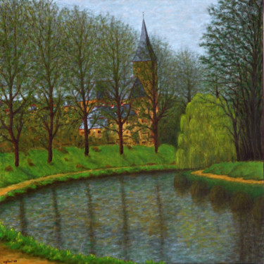 Peinture intitulée "la courbe du canal…" par Claude Guillemet, Œuvre d'art originale, Huile Monté sur Châssis en bois