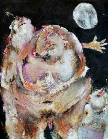 Luit la lune la nuit . Lui, la nuit, a peur .... Peinture intitulée "Luit la lune la nui…" par Denis Blondel, Œuvre d'art originale, Encre