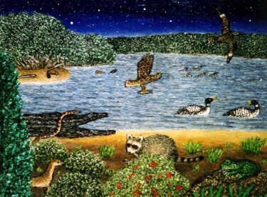 Peinture intitulée "Nightime on the Lake" par Stephen Warde Anderson, Œuvre d'art originale, Acrylique Monté sur Autre panne…