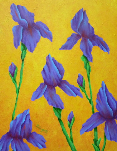 Painting titled "PURPLE IRIS" by Allegretto, Original Artwork, Acrylic Mounted on Wood Stretcher frame