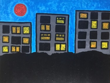 Pintura titulada "Red moon over the c…" por Giart, Obra de arte original, Acrílico