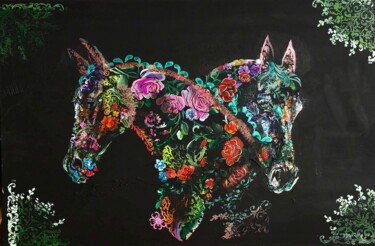 2 chevaux couleurs Painting titled "2 chevaux couleurs" by Annabel Labatie, Original Artwork, Acrylic Mounted on Wood Stretcher frame