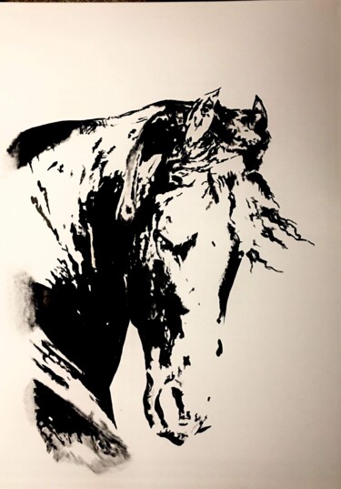 Cheval Magique Peinture intitulée "Cheval Magique" par Annabel Labatie, Œuvre d'art originale, Encre Monté sur Panneau de bois