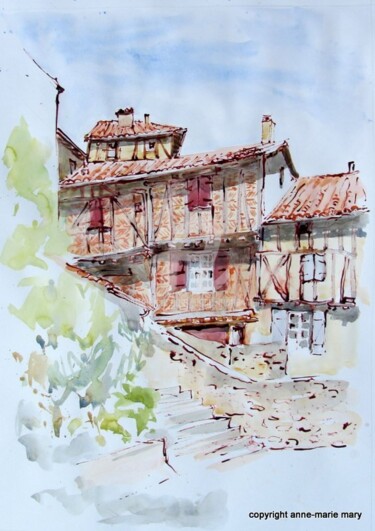 Peinture intitulée "maisons à corondage…" par Anne-Marie Mary, Œuvre d'art originale, Aquarelle