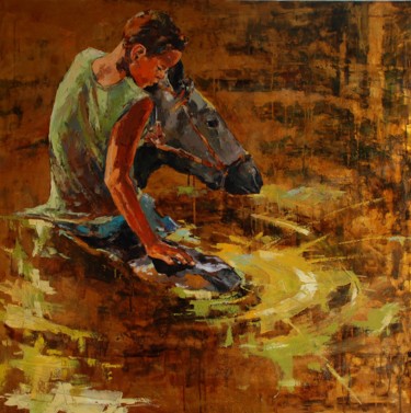 Schilderij getiteld ""Boy bathing a hors…" door Marcin Mikołajczak, Origineel Kunstwerk, Olie