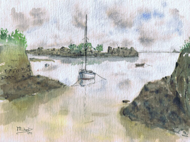 Peinture intitulée "Bréhat, voilier bla…" par Fabrice Richard, Œuvre d'art originale, Aquarelle