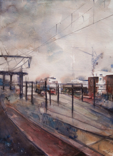 Peinture intitulée "Station de triage -…" par Vanessa Renoux, Œuvre d'art originale, Aquarelle