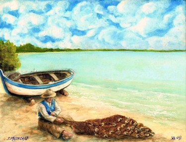 Painting titled "Pêcheur réparant se…" by Jacques Moncho (Art d'antan), Original Artwork, Oil