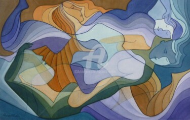 Peinture intitulée "Tête-à-tête à quatr…" par Richard Aubin, Œuvre d'art originale, Aquarelle