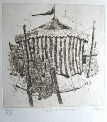 Printmaking titled "L'outil et l'amuseur" by André Colpin, Original Artwork, Etching