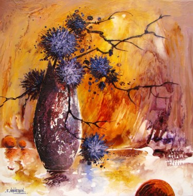 Peinture intitulée "vase-et-chardons-50…" par Françoise Hannequin, Œuvre d'art originale, Huile