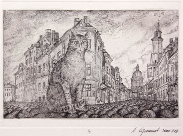 Printmaking titled "Cat in St.Peterburg" by Leonid Stroganov, Original Artwork, Etching