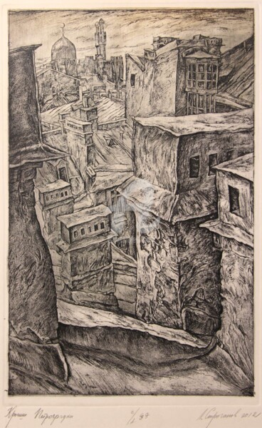 Old city roofs. St.Petersburg Printmaking titled "Old city roofs. St.…" by Leonid Stroganov, Original Artwork, Etching