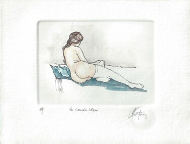 Printmaking titled "Le coussin bleu" by André Colpin, Original Artwork, Etching