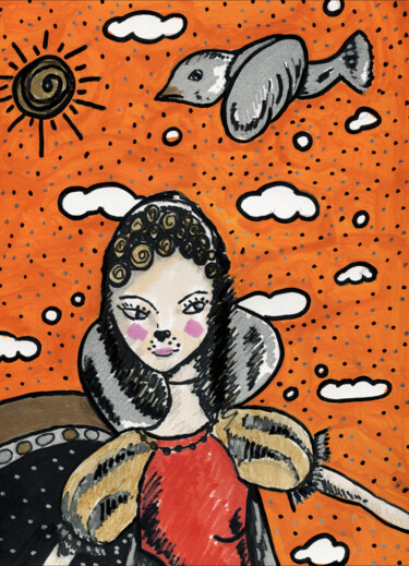 Dessin intitulée "Princesse oiseau" par Karine Garelli (Reds Robin), Œuvre d'art originale