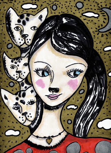 Dessin intitulée "Fille et 3 chats" par Karine Garelli (Reds Robin), Œuvre d'art originale, Marqueur